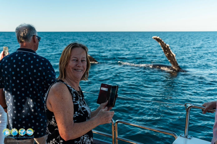 lady smiling with humpback whale pec slapping in the back ground