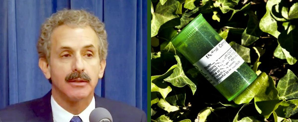 File photo of man with a moustache speaking into a microphone next to a stock photo of a green plastic medicine bottle on a bed of marijuana.