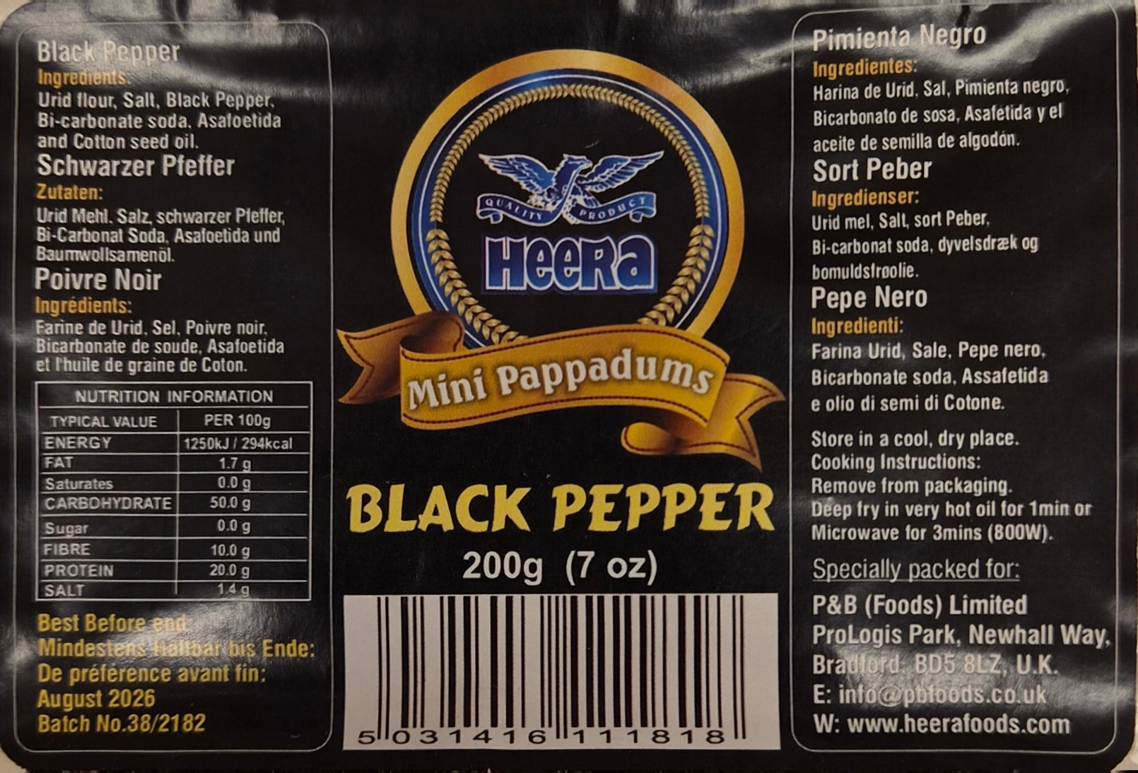Heera Mini pappadums black pepper 200g