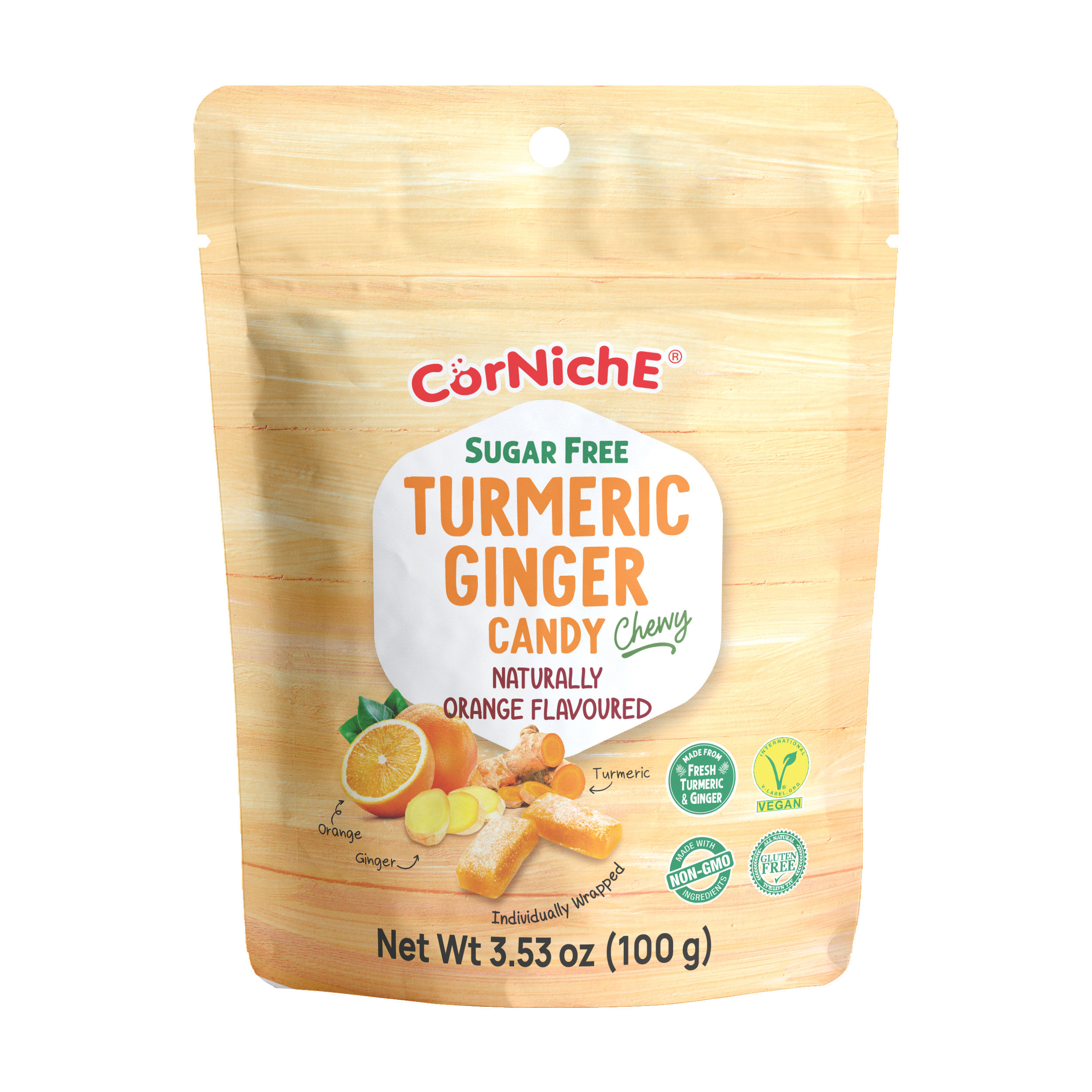 Corniche Sugar free turmeric ginger candy orange flavoured 100g