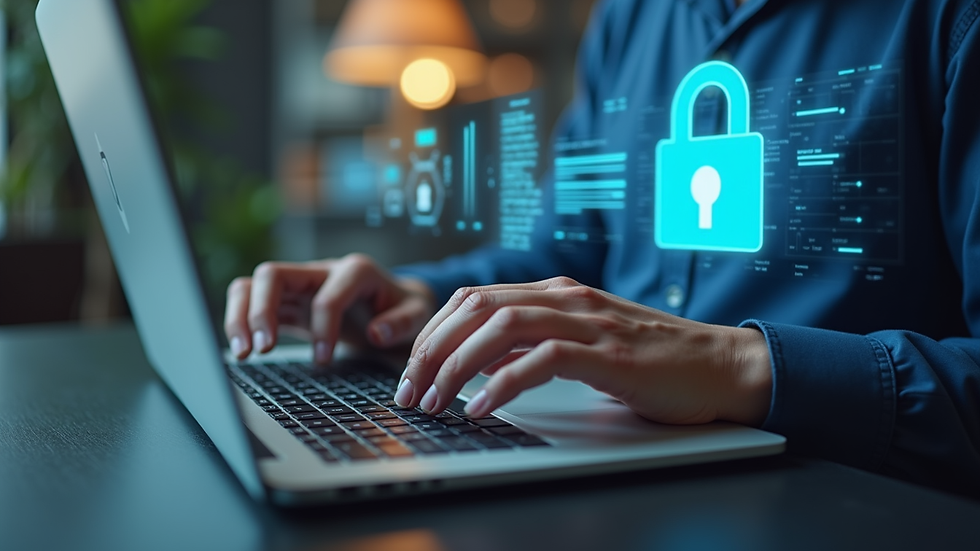 Close-up of hands typing on laptop keyboard with data protection software on screen