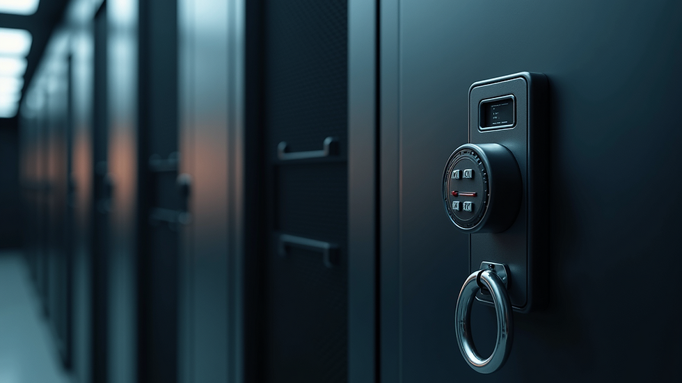 Close-up of locked server room door with security keypad
