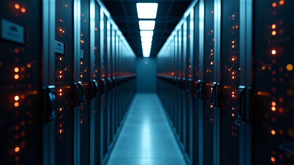 Eye-level view of a secure server room with blinking lights