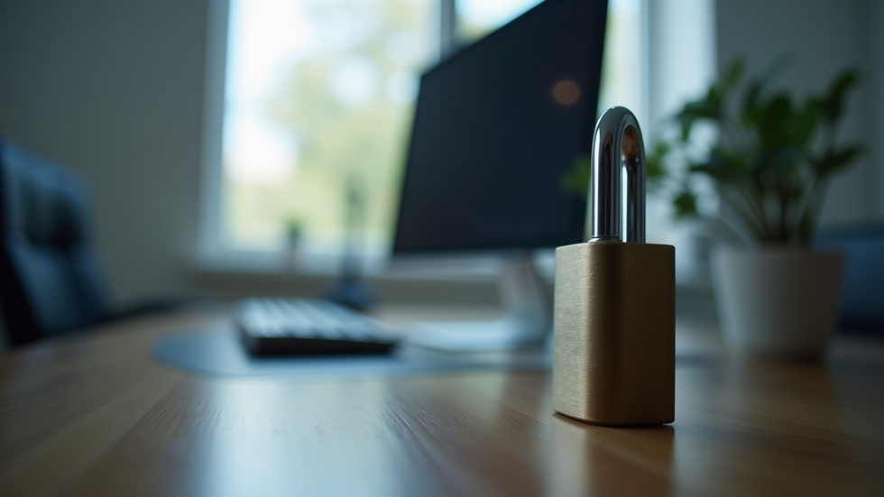 Eye-level view of office desk with computer and secure lock