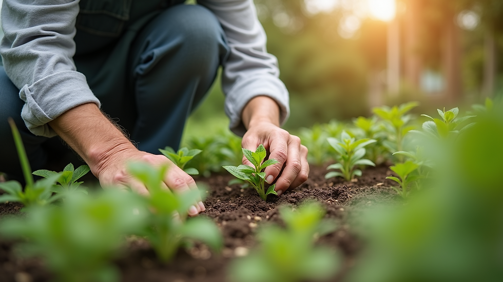 Close-up view of a senior gardening in a community garden