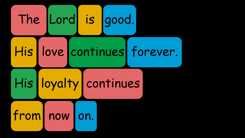 Rotating slides of Psalm 100:5, gradually removing words on each rotation