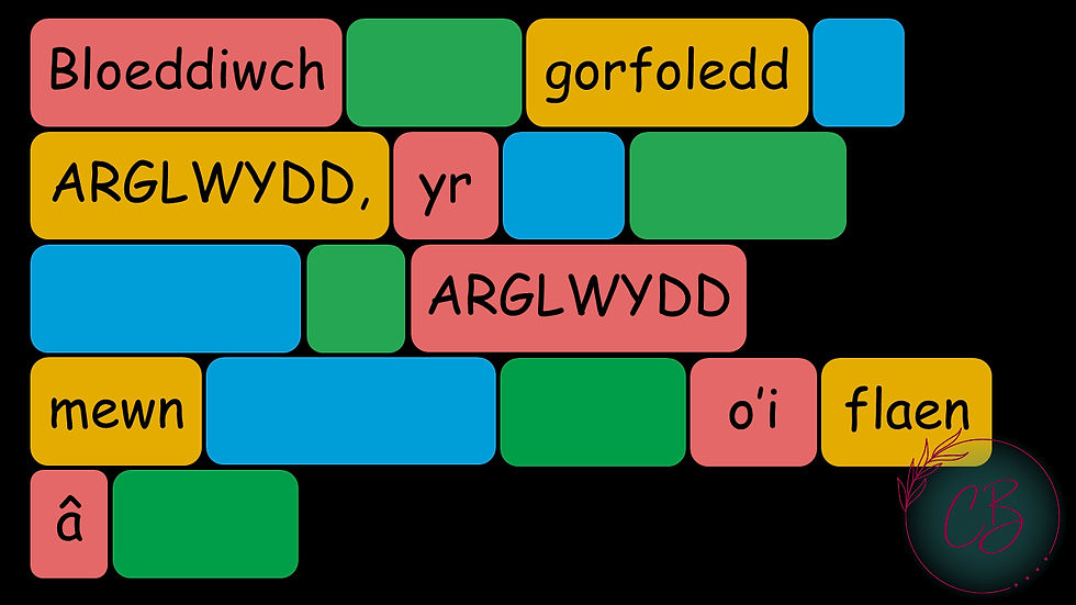Blociau lliw gyda geiriau'r ysgrythur