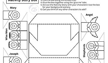 Black and white outline template of a nativity story box craft