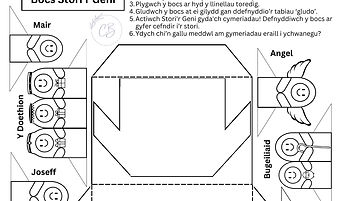 Templed amlinell du a gwyn o grefft blwch stori'r Geni