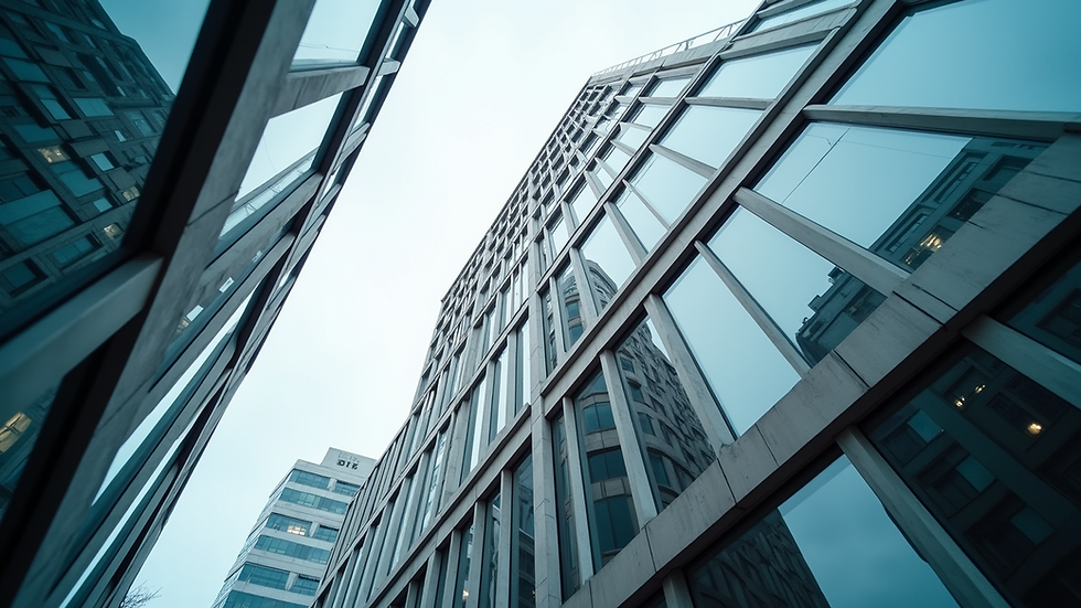 Eye-level view of a modern office building with a sleek design