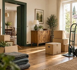 Illustration : cartons, couvertures de protection et mobilier préparés pour un débarras de maison