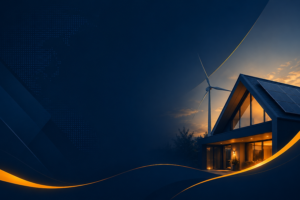 House with solar panels and wind turbine at twilight