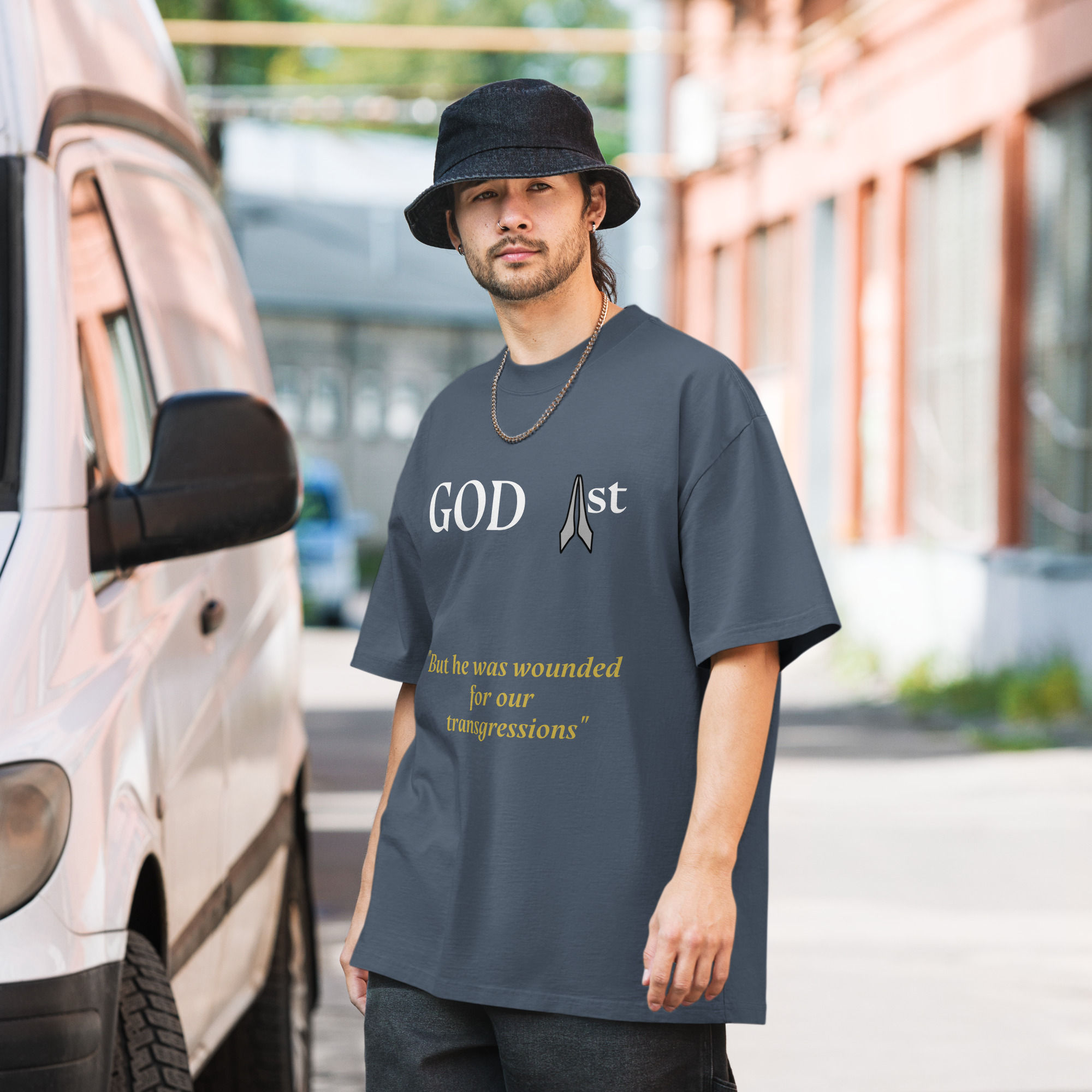 Isaiah 53:5, God 1st Full White Print. Graphic back - Oversized faded t-shirt