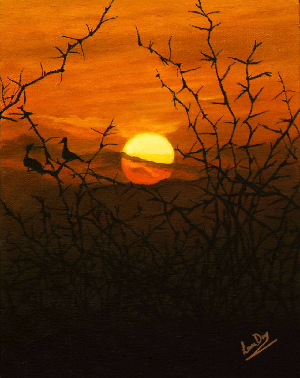 A brown and orange sunset landscape with thorny branches and birds in silhouette.