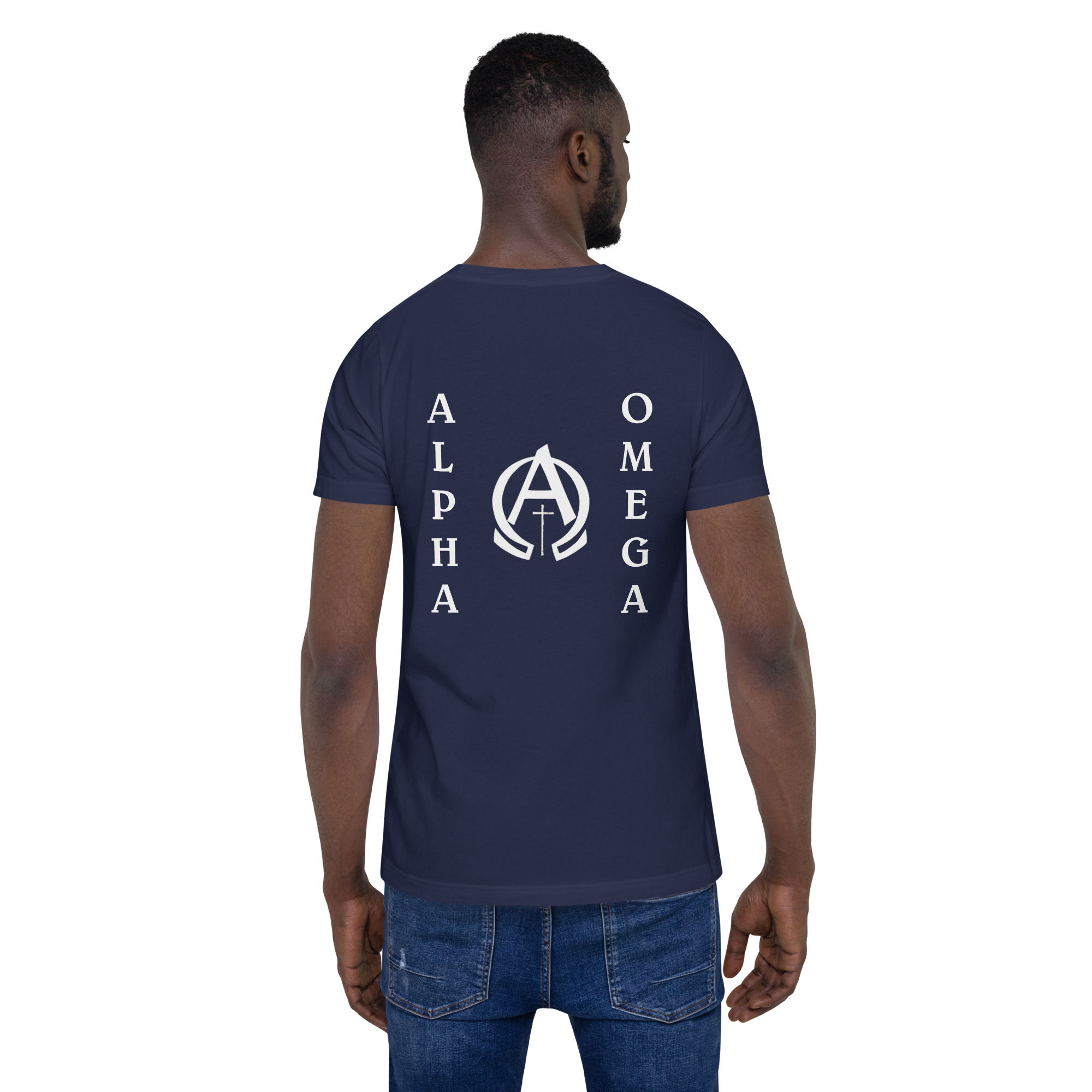 God 1st Christian T-shirt featuring Alpha and Omega text and emblem on the back, symbolizing Christ as the beginning and end.