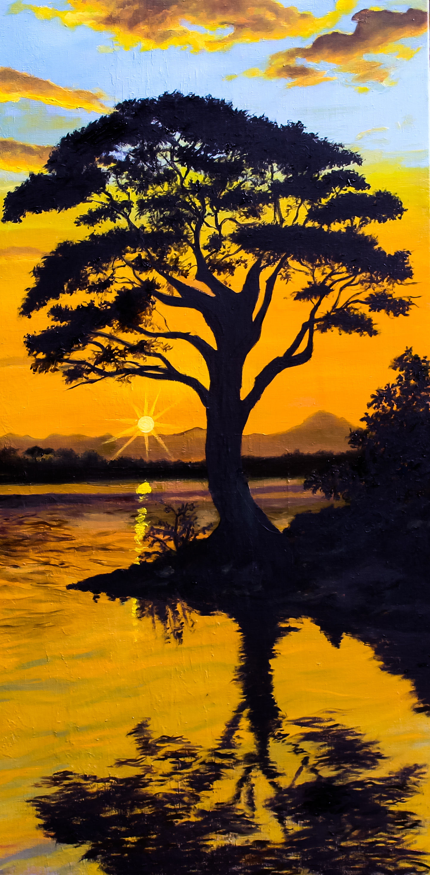 Silhouette of a large tree at sunset reflected in calm water, with golden sky, distant hills, and glowing sun on the horizon.