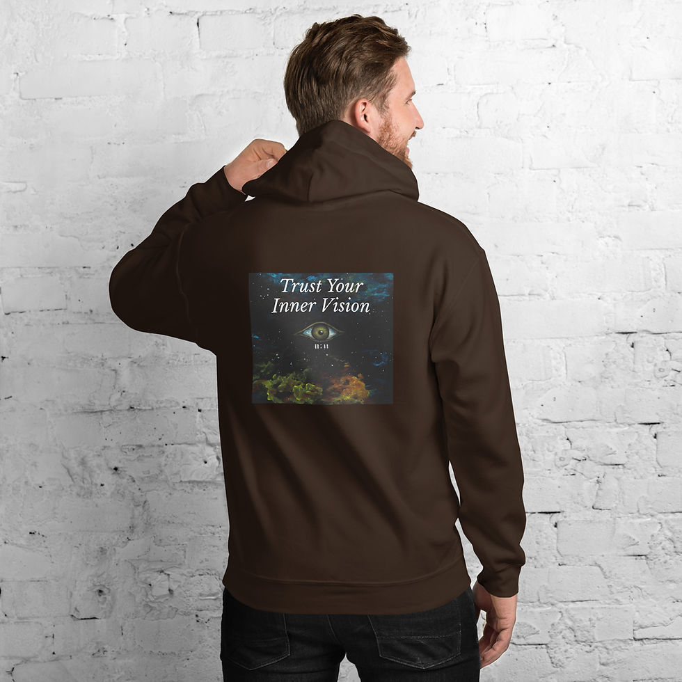 Thumbnail: God 1st Hoodie with back view featuring cosmic eye artwork with the words “Trust Your Inner Vision.