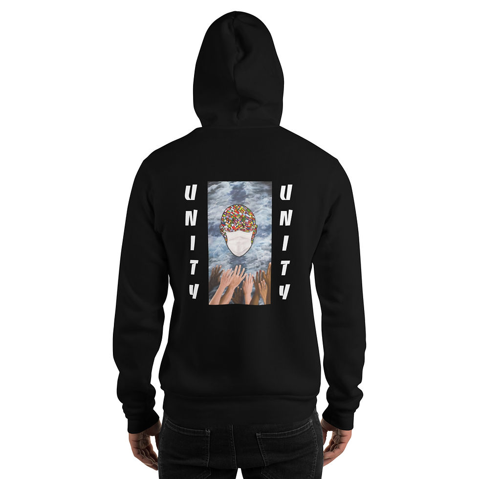 God 1st hoodie with Unity artwork on the back symbolizing faith, diversity, and togetherness.