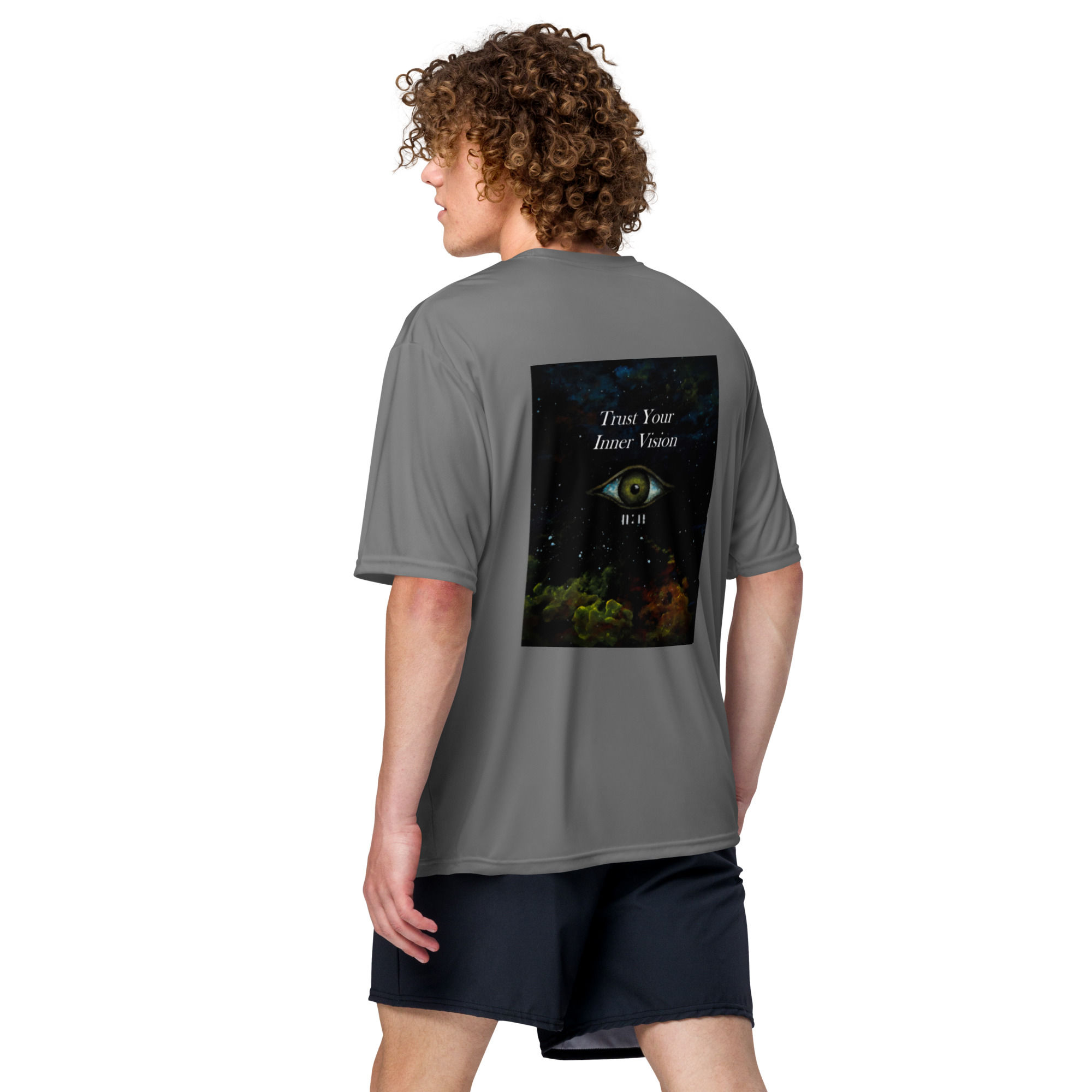 Back view of God 1st T-shirt featuring cosmic eye artwork with the words “Trust Your Inner Vision.”