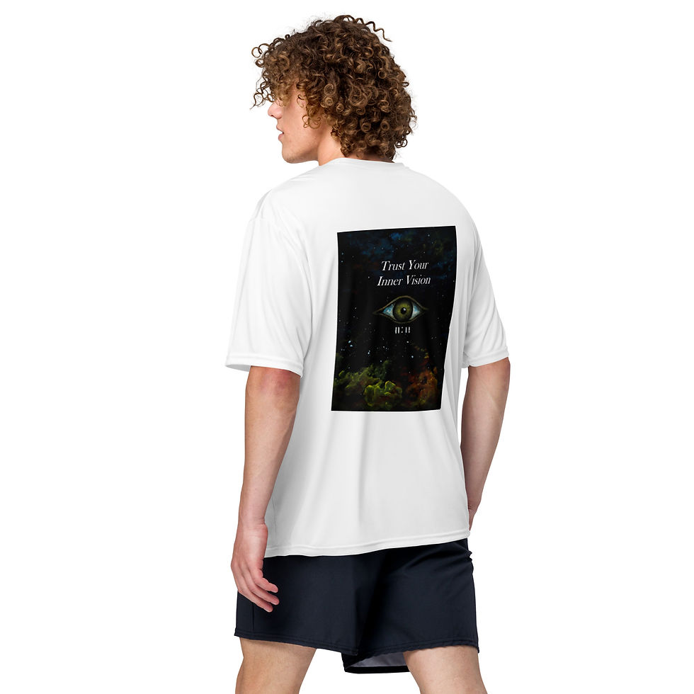 Thumbnail: Back view of God 1st T-shirt featuring cosmic eye artwork with the words “Trust Your Inner Vision.”