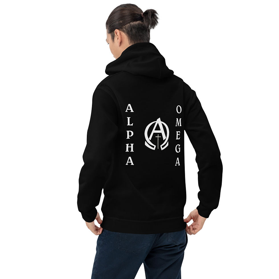 Unisex God 1st Christian hoodie with Alpha and Omega design on back, inspirational faith apparel.