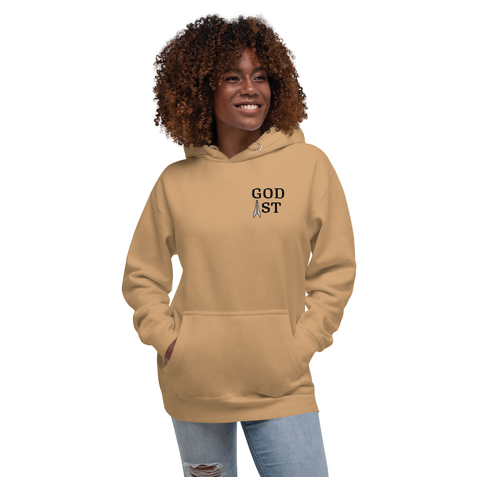 Thumbnail: God 1st Christian T-shirt featuring Alpha and Omega text and emblem on the back, symbolizing Christ as the beginning and end.