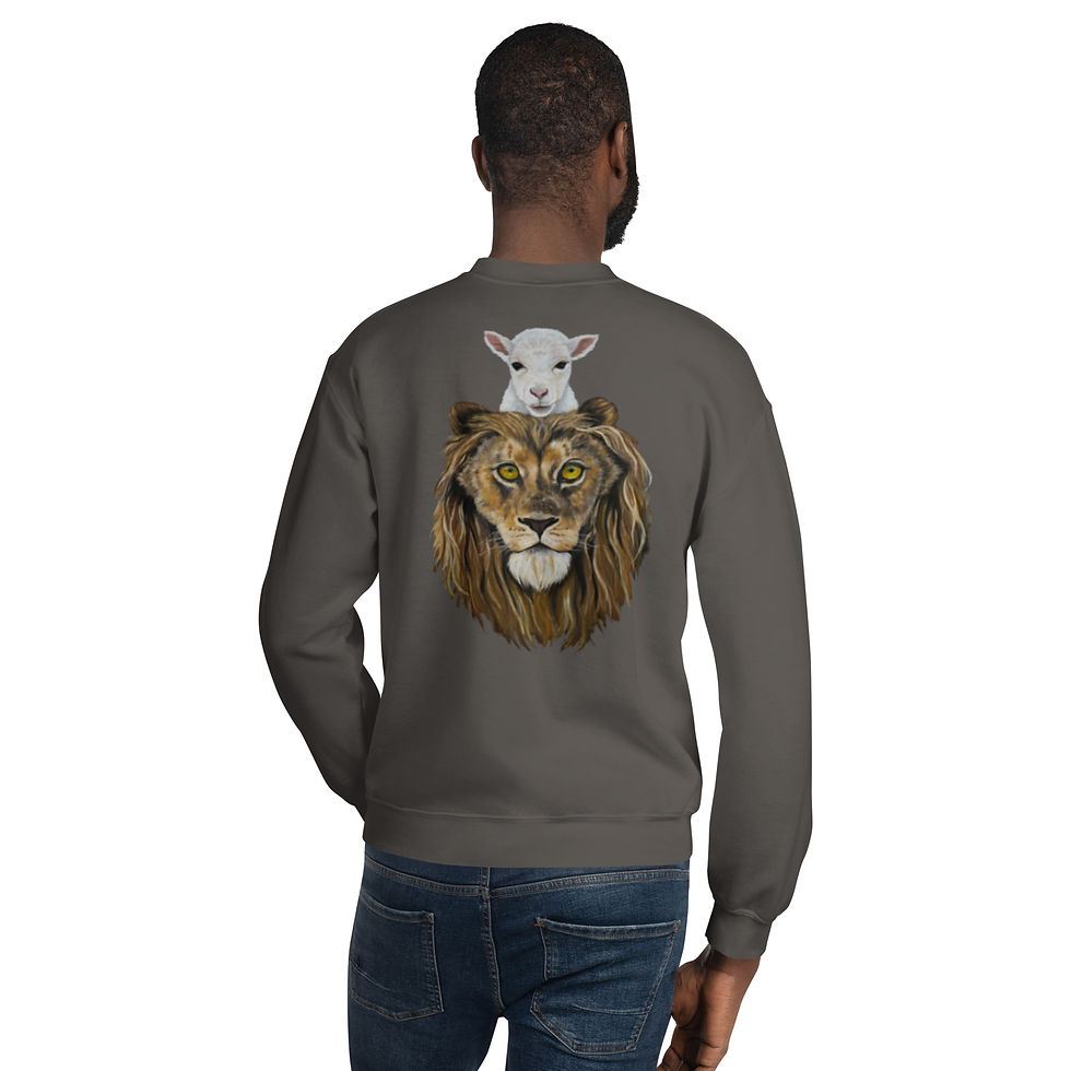 Lion and the Lamb illustration on back of a God 1st Sweatshirt, representing strength, sacrifice, and faith in Christ.