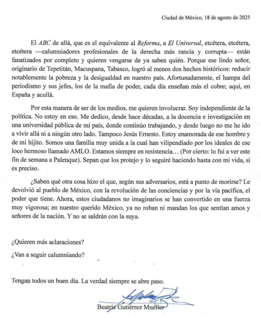 Con pírrica carta desmiente Gutiérrez Müller mudanza a España y responde a críticas
