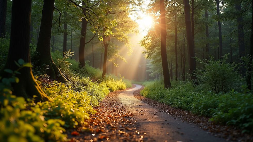 Eye-level view of a winding forest path with sunlight filtering through trees