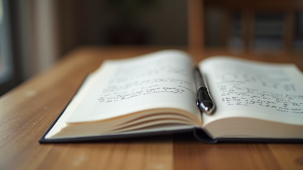 Close-up view of a journal with handwritten notes and a pen on a wooden table