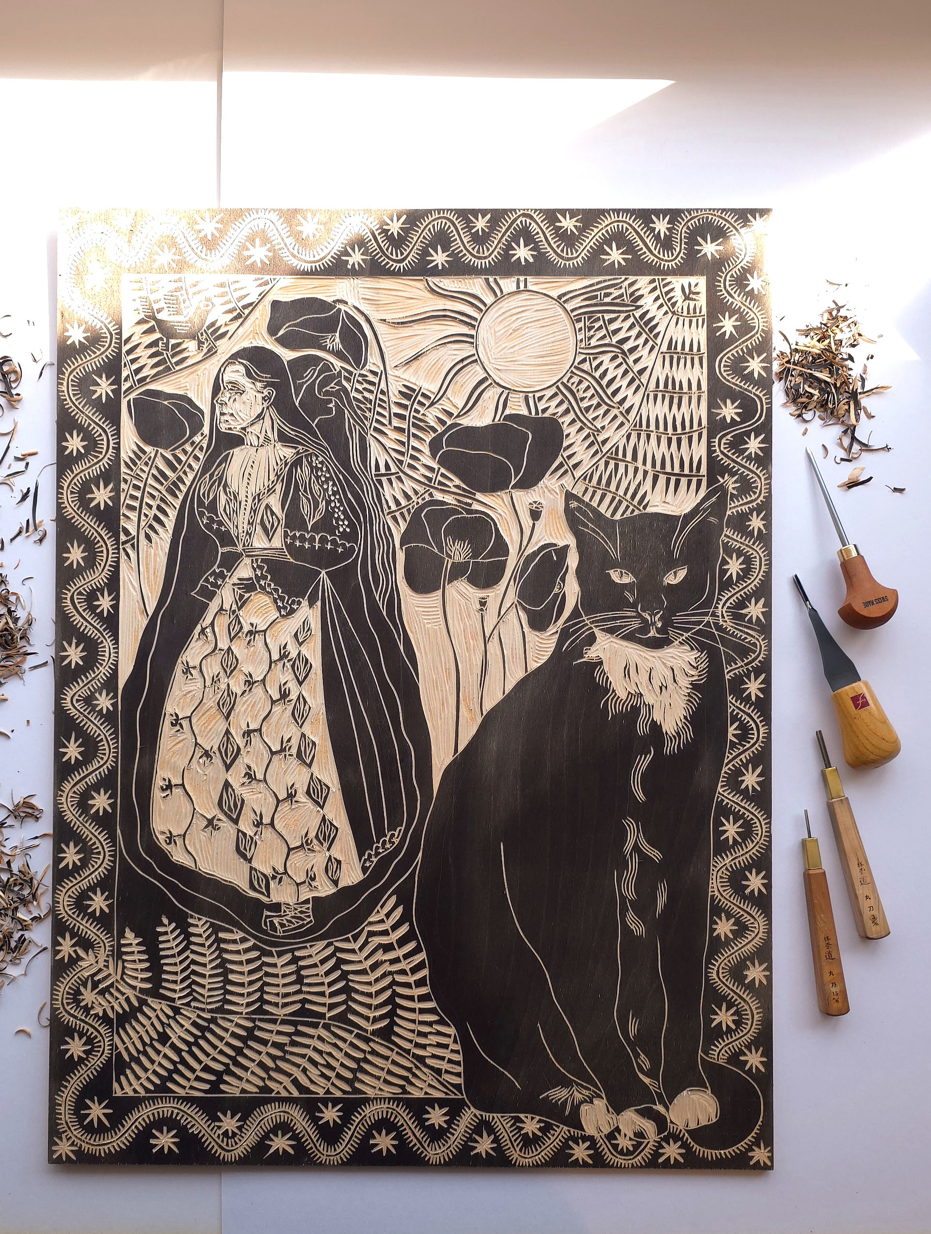 woodcut block of shina plywood carved by relief printmaker moatzart