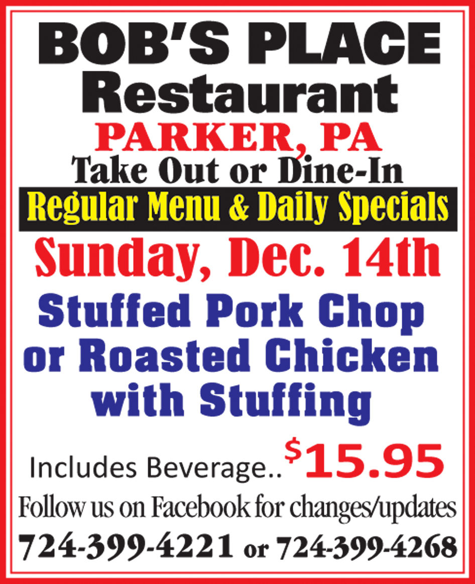 Bob's Place - Join Us - Sunday, Dec. 14, For Our Stuffed Pork Chop or Roasted Chicken with Stuffing Dinner