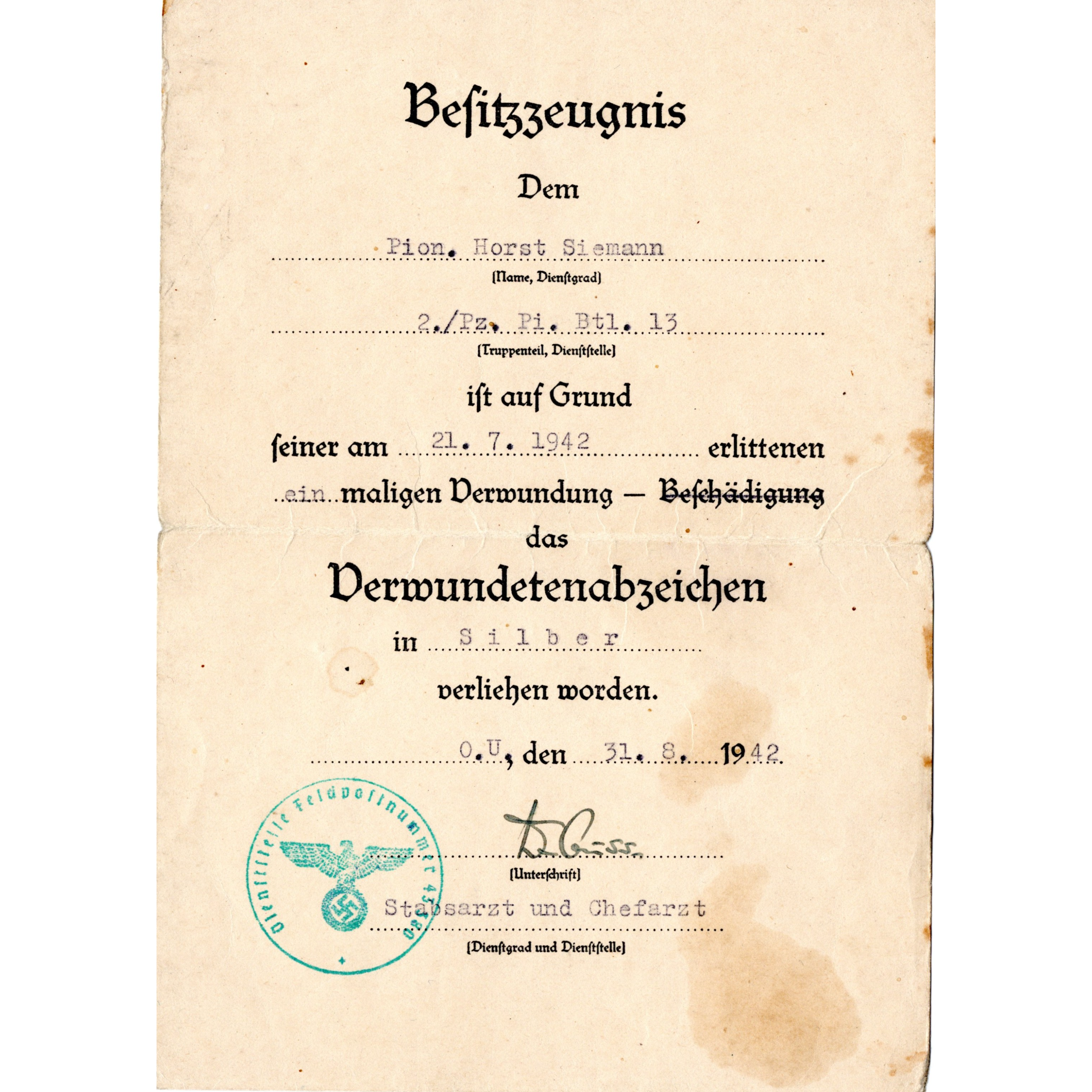Silver Wound Badge Award Document - 14. Panzer-Division