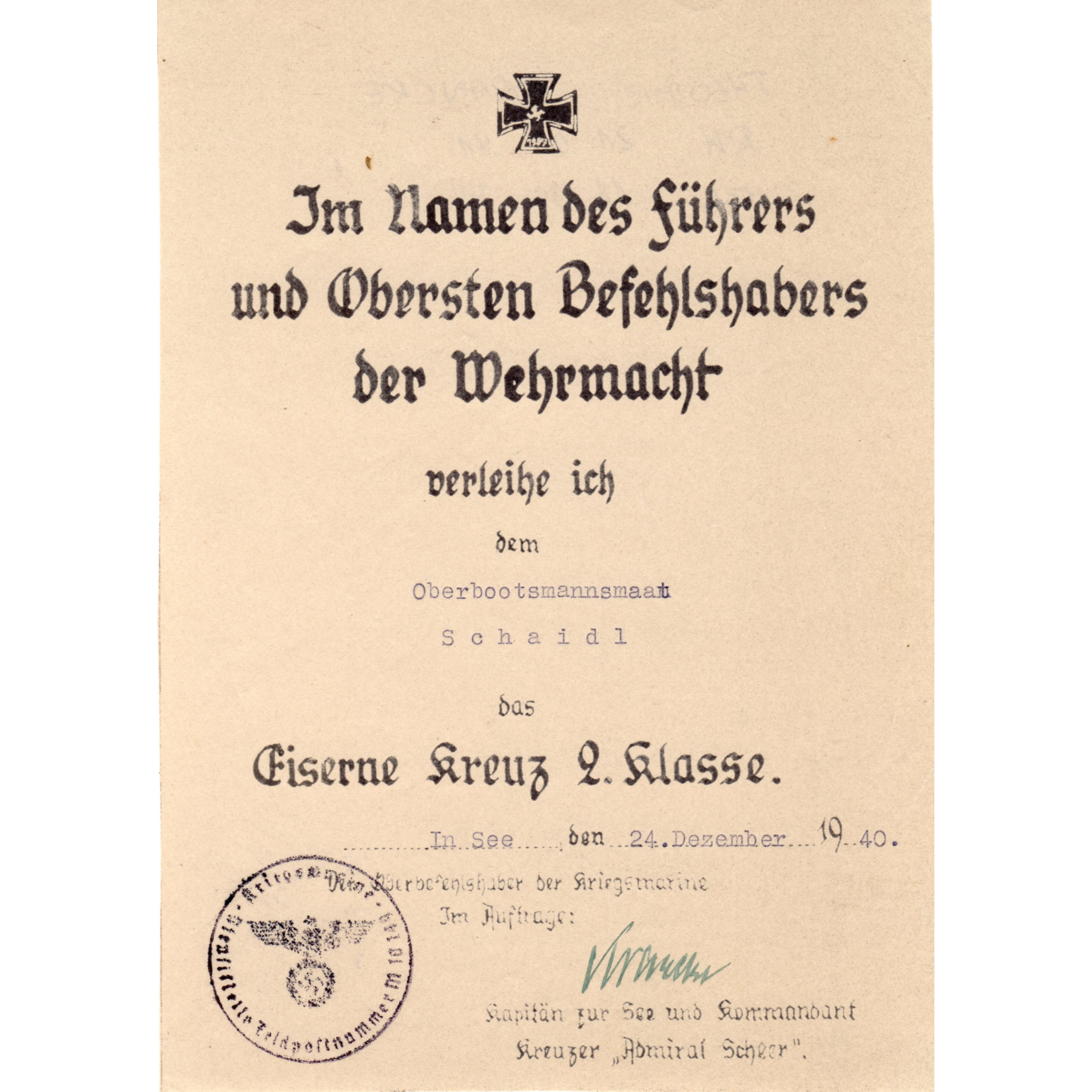 Iron Cross 2nd Class Award Document - Pocket Battleship Admiral Scheer
