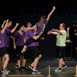 Echipă veselă pe scenă, spectacol Teatrul Tudor Vianu