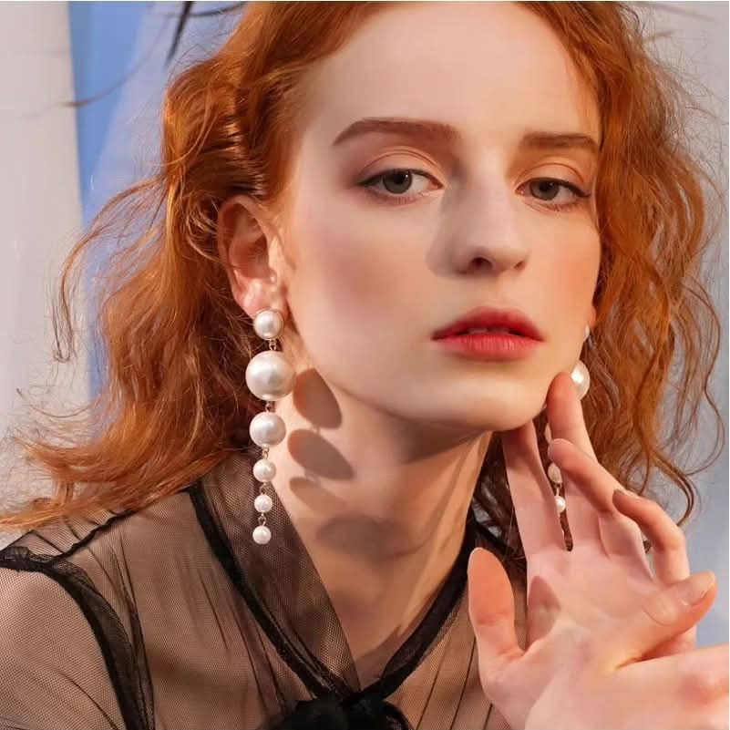 Thumbnail: Elegant Gold Pearl Dangle Korean Earrings – Chic Long Drop Earrings for Women