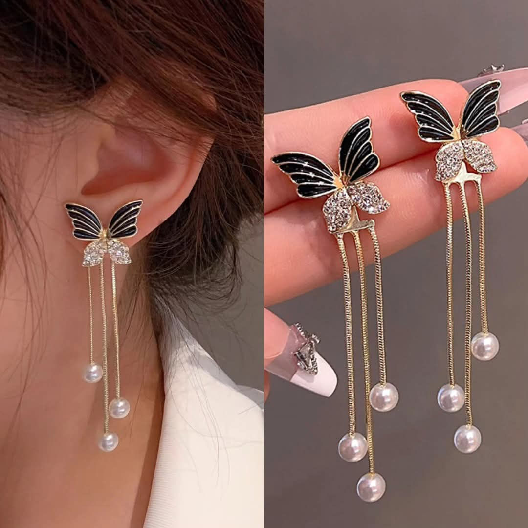 Elegant Black Butterfly Pearl Dangle Korean Earrings – Stylish Long Chain Drop