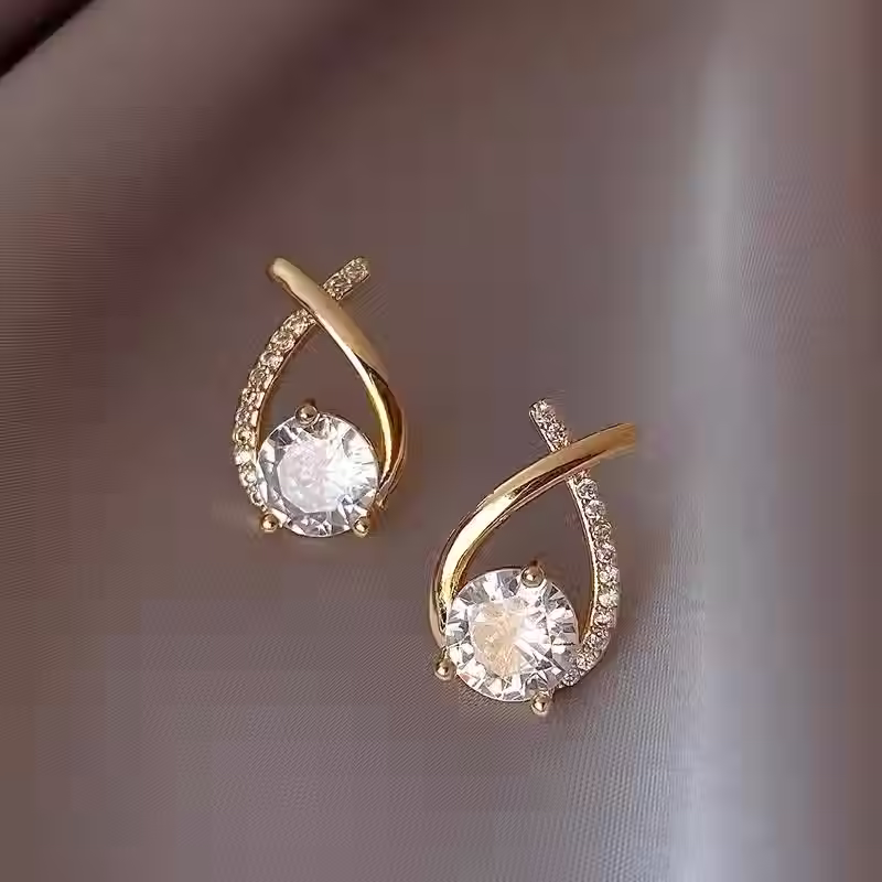 Thumbnail: Korean Gold Crystal Stud Earrings Elegant Jewelry for Women