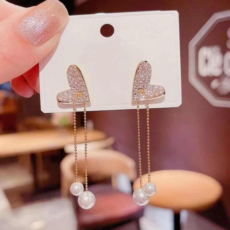 Thumbnail: Gold Heart Pearl Chain Korean Earrings – Trendy Long Dangle Earrings for Women