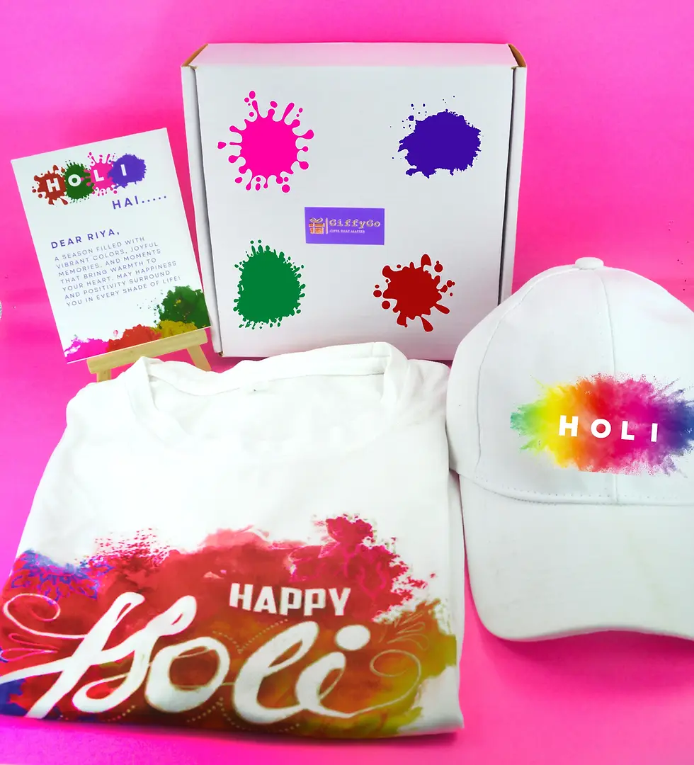 Giffygo Holi Festival Box – Unisex Tshirt, Cap, Play Safe & Protection Kit