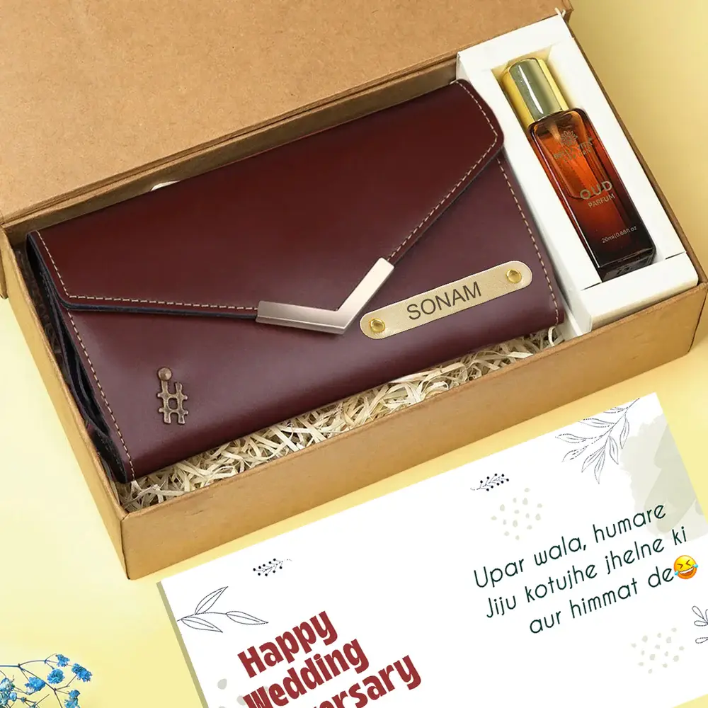 Personalized Premium Leather Clutch & Perfume Gift Set - Brown