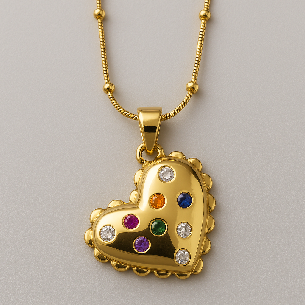 18K Gold Plated Heart Pendant Necklace with Stones – Anti-Tarnish