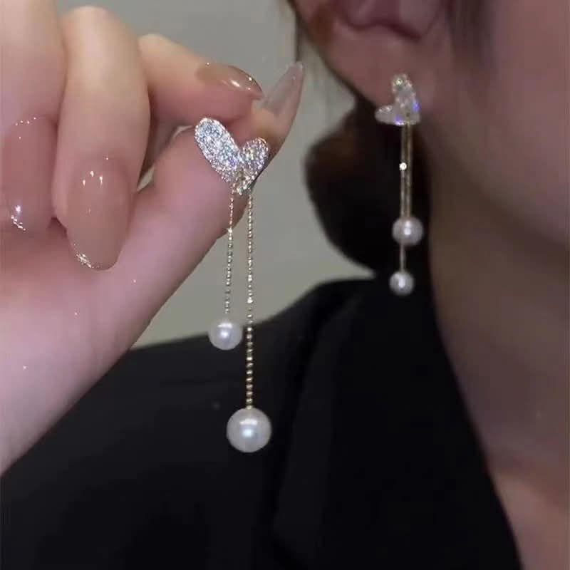 Thumbnail: Gold Heart Pearl Chain Korean Earrings – Trendy Long Dangle Earrings for Women