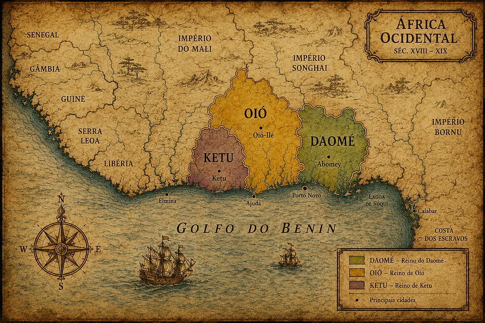Mapa histórico da África Ocidental nos séculos XVIII e XIX, destacando os reinos de Daomé, Oió e Ketu, com localização de cidades importantes ao longo do Golfo do Benin.