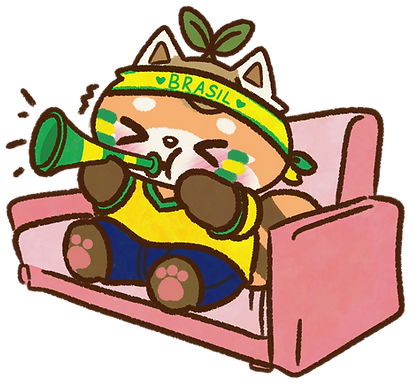 Personagem Bi torcendo no sofá de casa