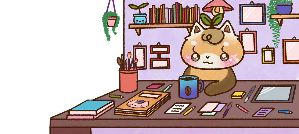 Personagem Bi desenhando em mesa de trabalho