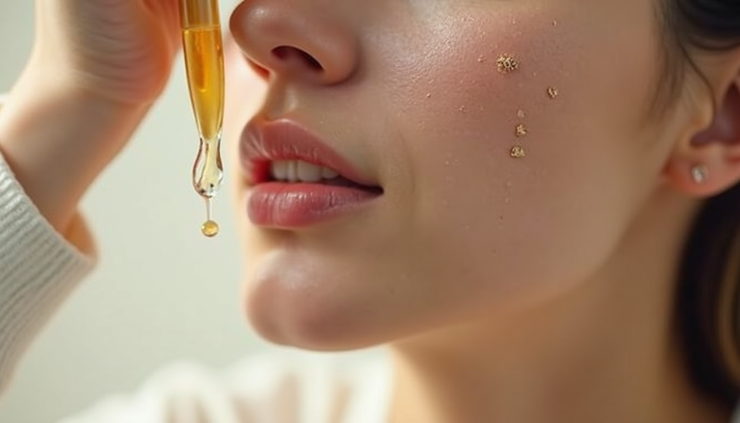 Close-up view of a clear glass dropper releasing serum onto a smooth skin surface