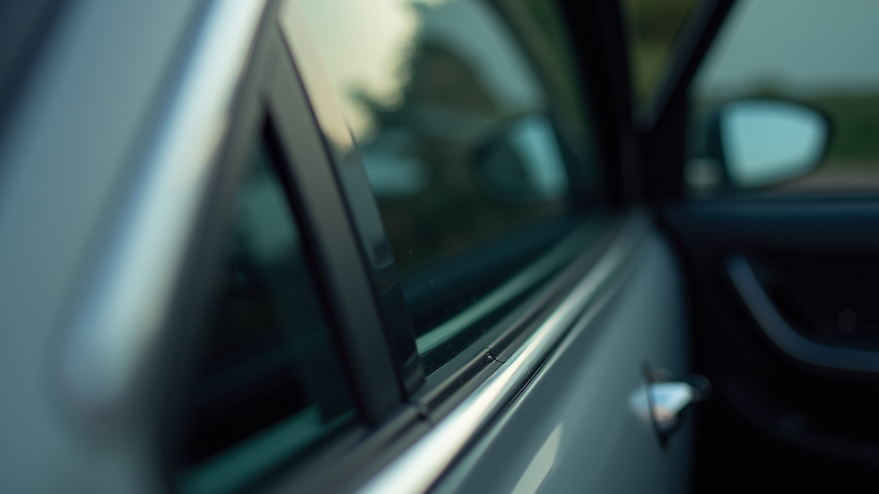 Close-up view of a car window with dark tint film applied