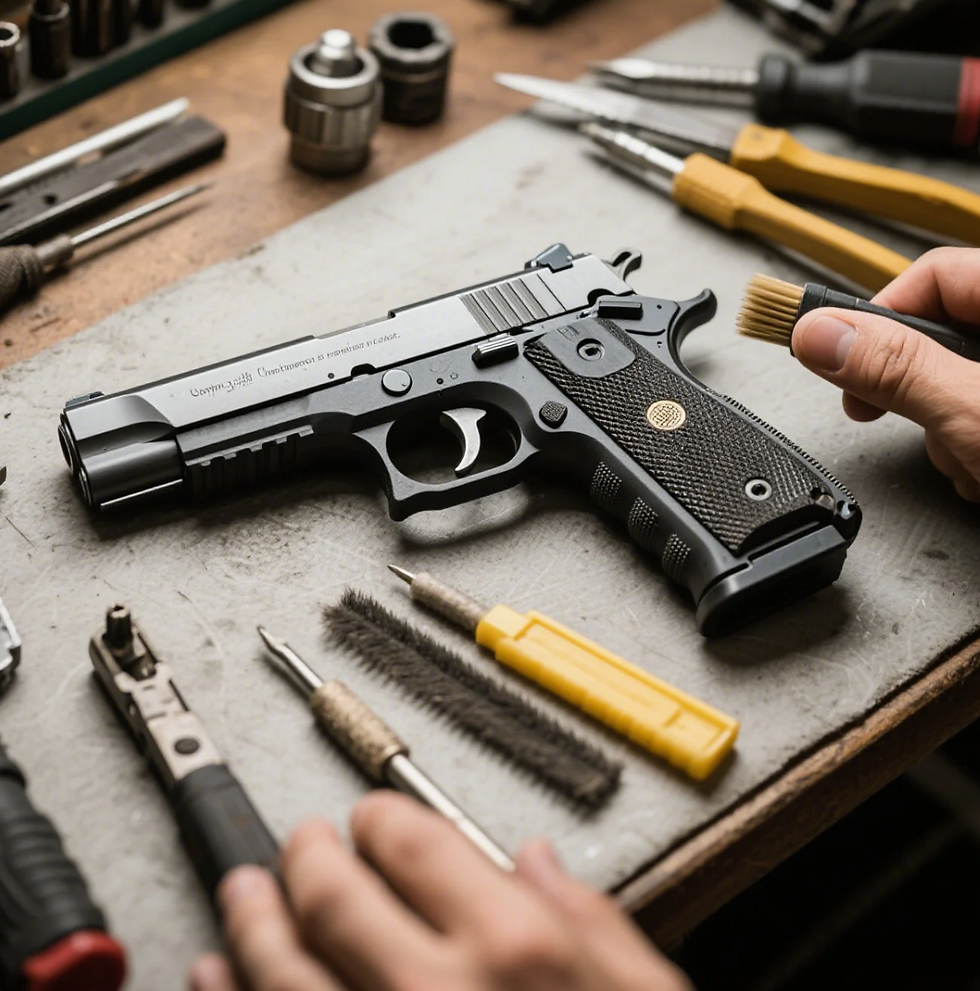 Gunsmith cleaning and maintaining a semi-automatic pistol on a workbench