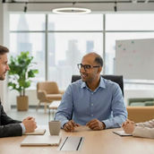 a woman and two men having a meeting in an office